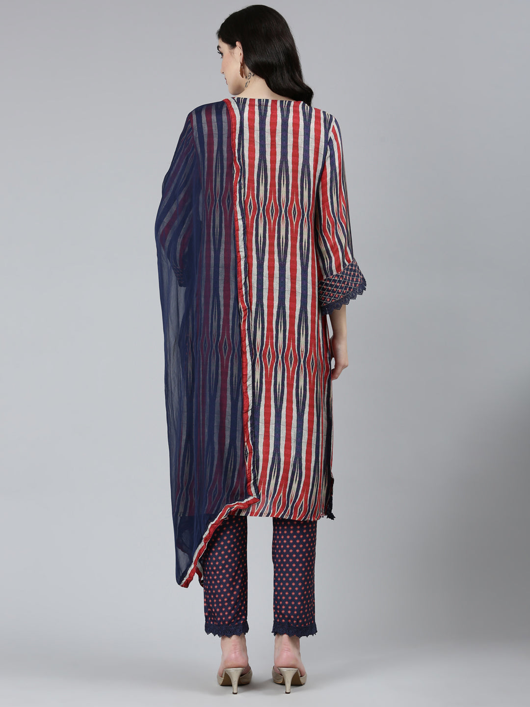 Neeru's Blue Regular Straight Chevron Kurta Sets And Trousers With Dupatta