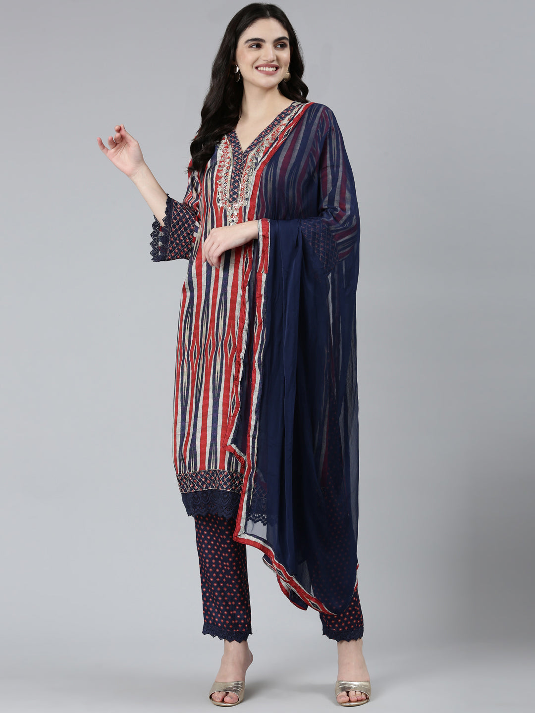 Neeru's Blue Regular Straight Chevron Kurta Sets And Trousers With Dupatta