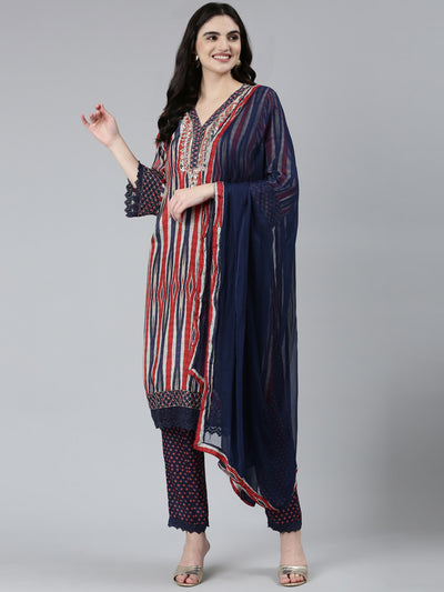 Neeru's Blue Regular Straight Chevron Kurta Sets And Trousers With Dupatta