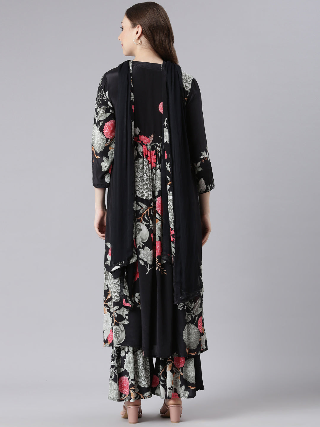 Neerus Black Muslin Curved Casual Floral Kurta and Trouser with Dupatta