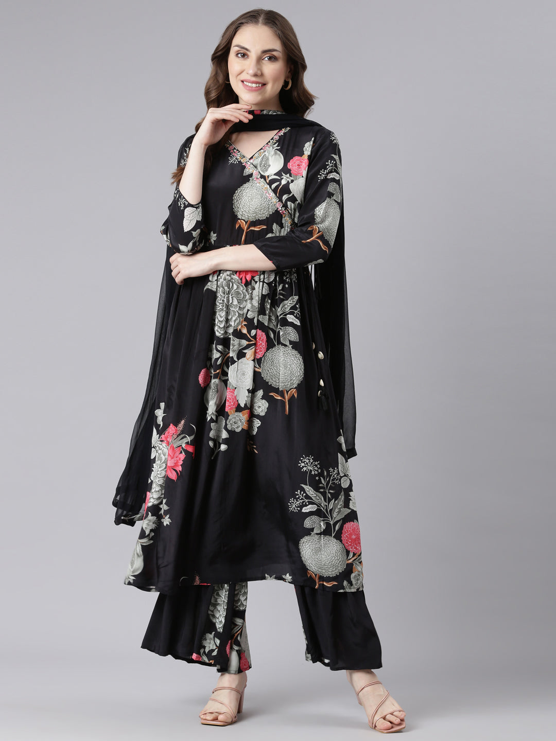 Neerus Black Muslin Curved Casual Floral Kurta and Trouser with Dupatta