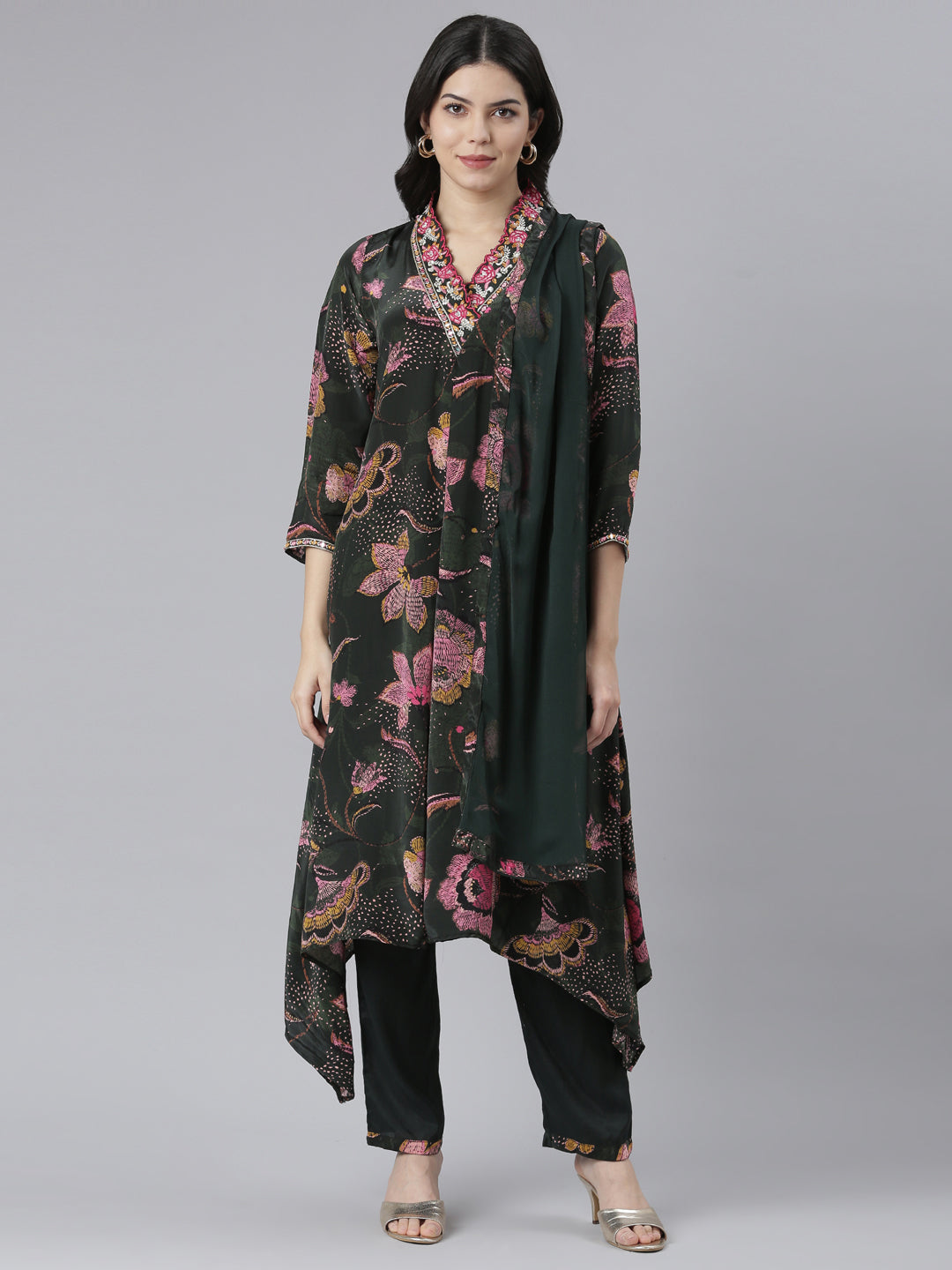 Neeru's Green Regular High-Low Floral Kurta And Trousers With Dupatta