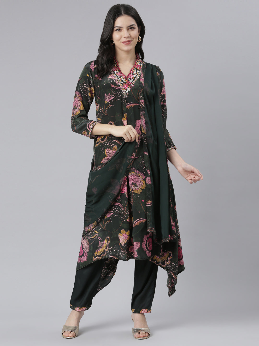 Neeru's Green Regular High-Low Floral Kurta And Trousers With Dupatta