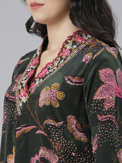 Neeru's Green Regular High-Low Floral Kurta And Trousers With Dupatta