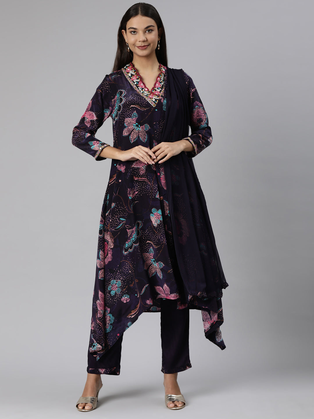 Neeru's Purple Regular High-Low Floral Kurta And Trousers With Dupatta