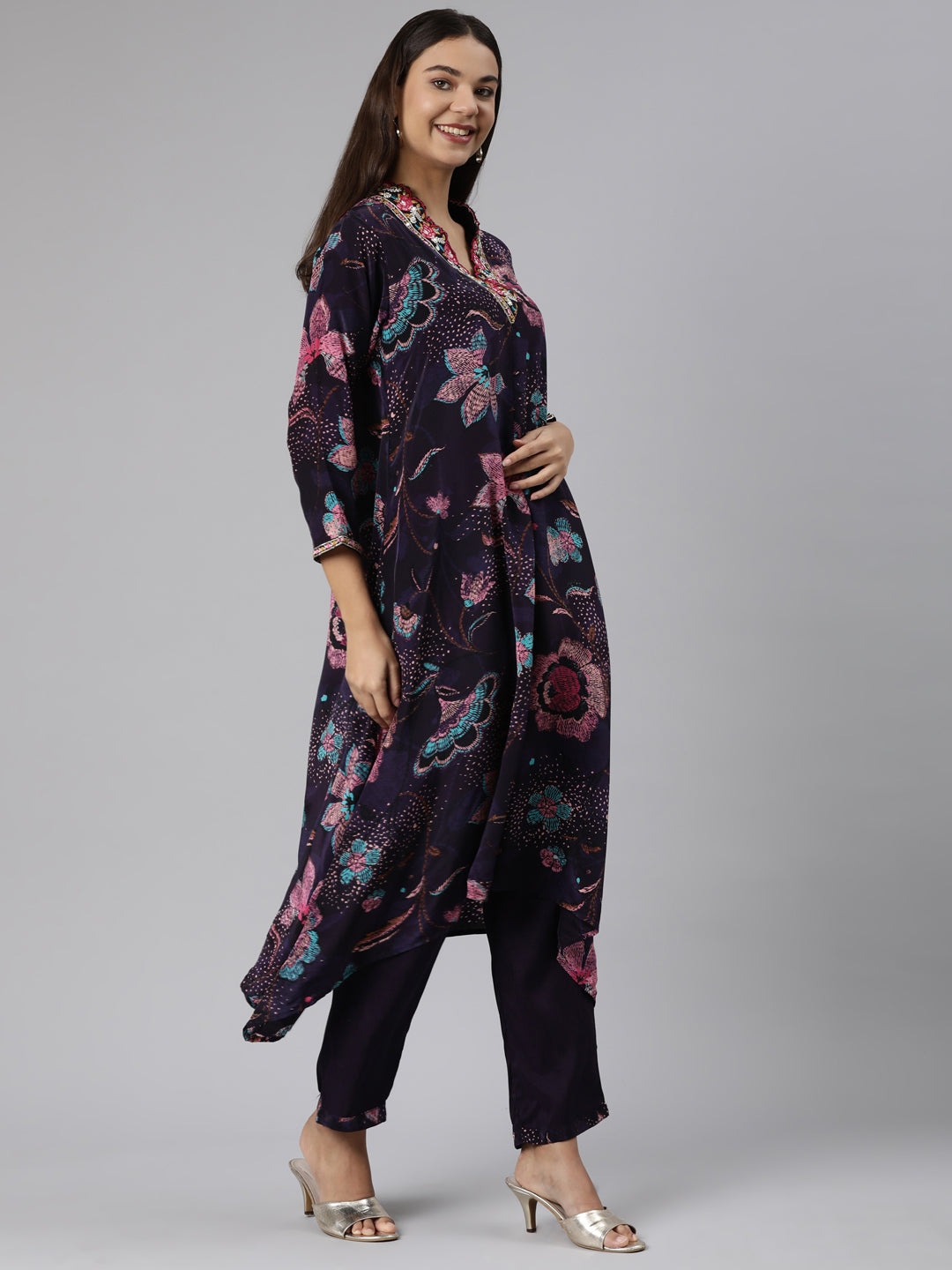 Neeru's Purple Regular High-Low Floral Kurta And Trousers With Dupatta