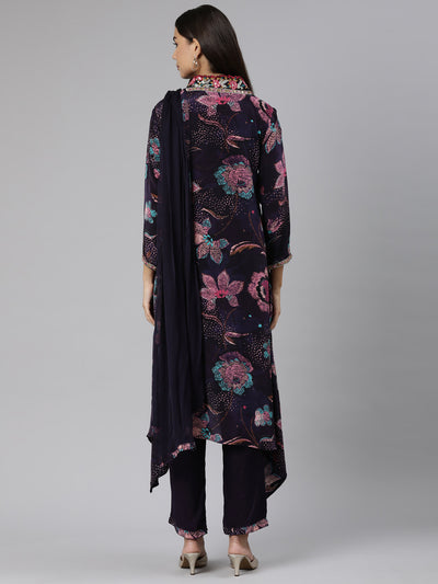 Neeru's Purple Regular High-Low Floral Kurta And Trousers With Dupatta