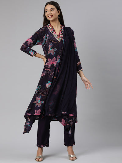 Neeru's Purple Regular High-Low Floral Kurta And Trousers With Dupatta