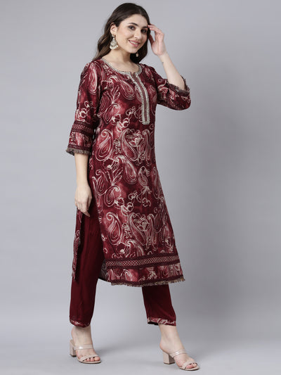 Neerus Maroon Regular Straight Paisley Kurta And Trousers With Dupatta