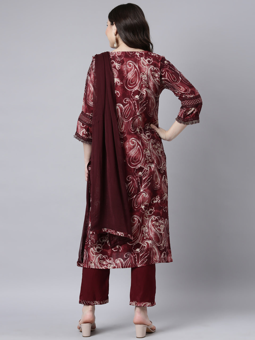 Neerus Maroon Regular Straight Paisley Kurta And Trousers With Dupatta