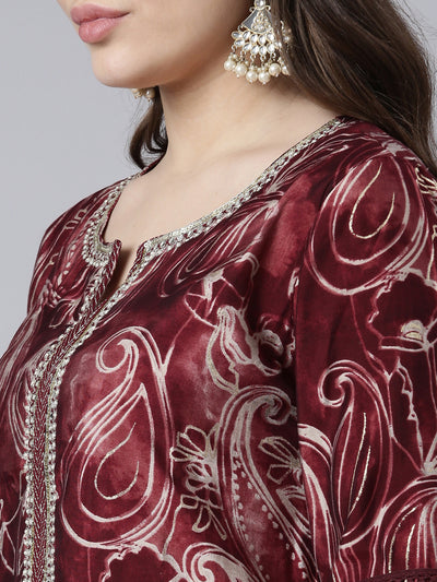 Neerus Maroon Regular Straight Paisley Kurta And Trousers With Dupatta