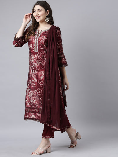 Neerus Maroon Regular Straight Paisley Kurta And Trousers With Dupatta