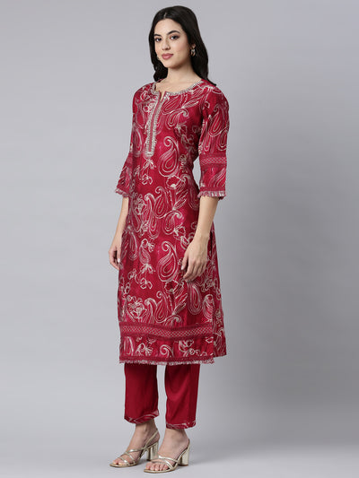 Neerus Pink Regular Straight Paisley Kurta And Trousers With Dupatta