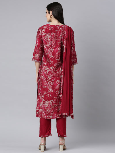 Neerus Pink Regular Straight Paisley Kurta And Trousers With Dupatta