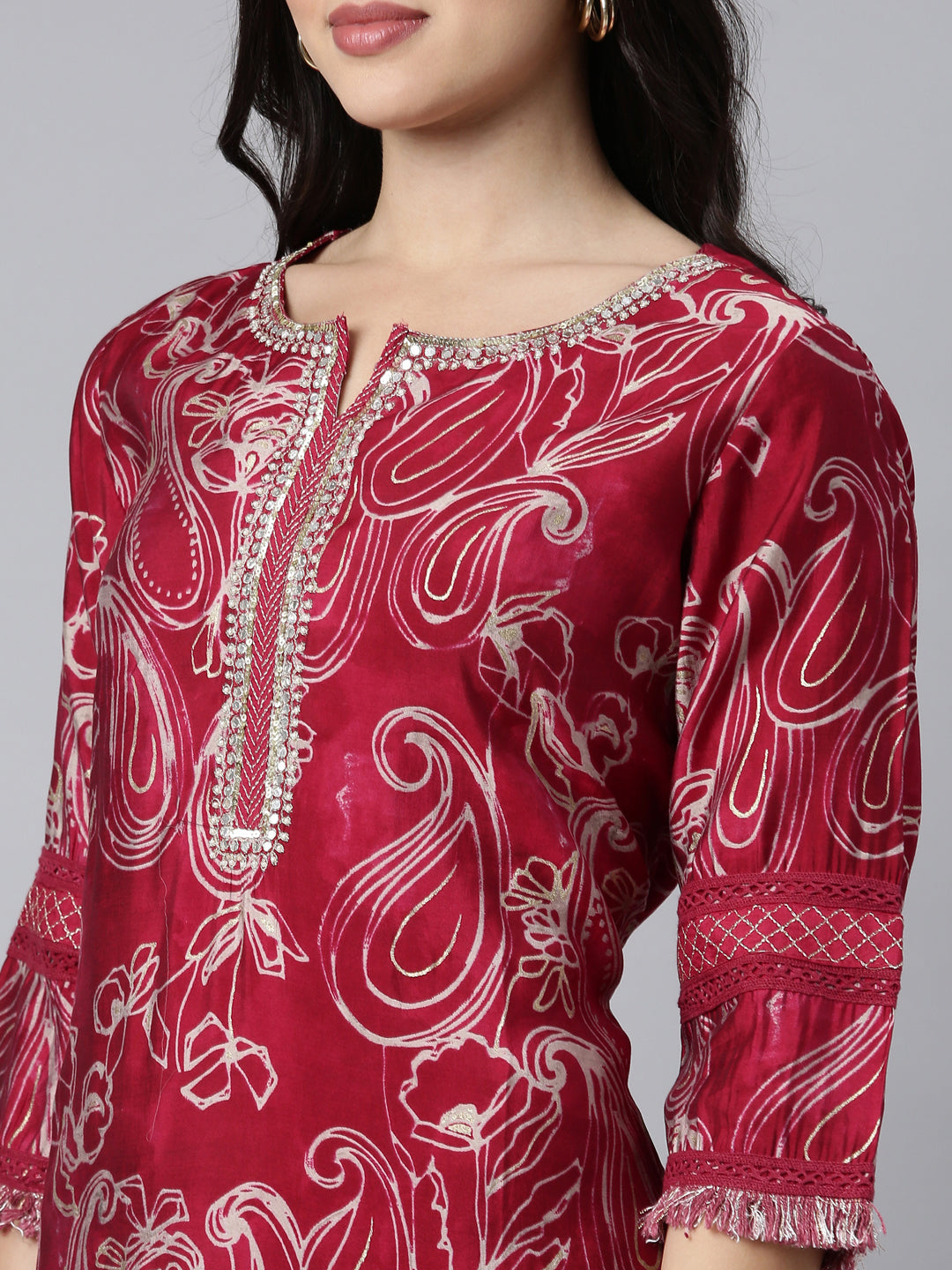 Neerus Pink Regular Straight Paisley Kurta And Trousers With Dupatta