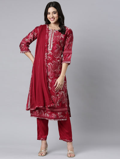 Neerus Pink Regular Straight Paisley Kurta And Trousers With Dupatta