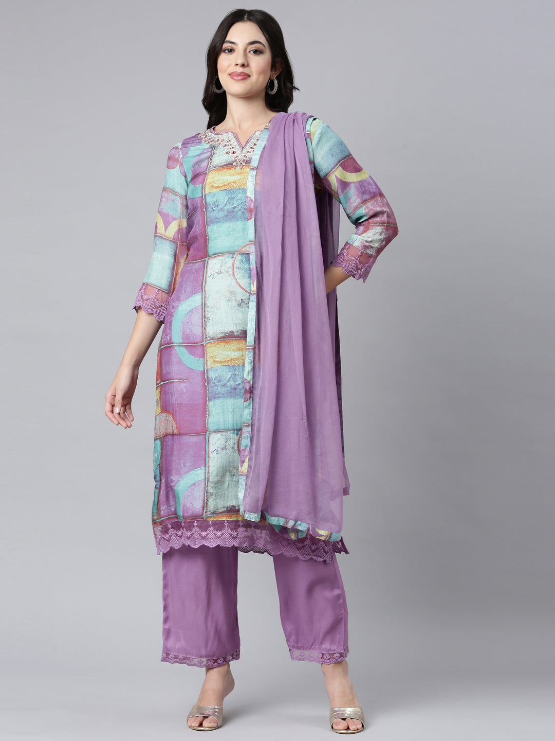 Neerus Lavender Regular Straight Geometric Kurta And Trousers With Dupatta