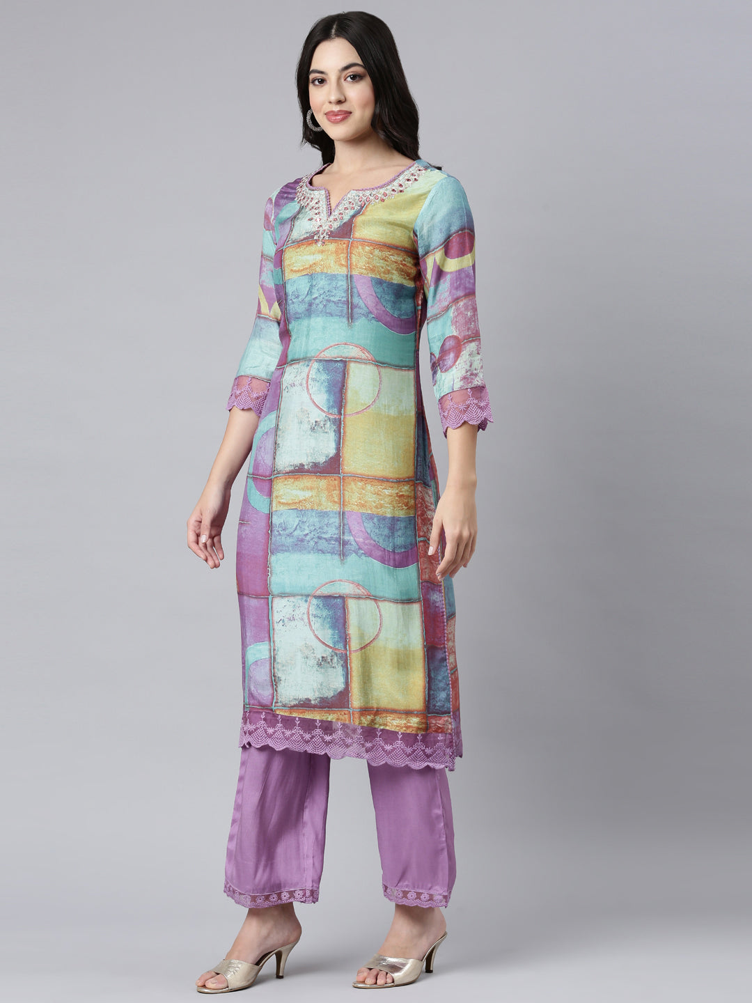 Neerus Lavender Regular Straight Geometric Kurta And Trousers With Dupatta