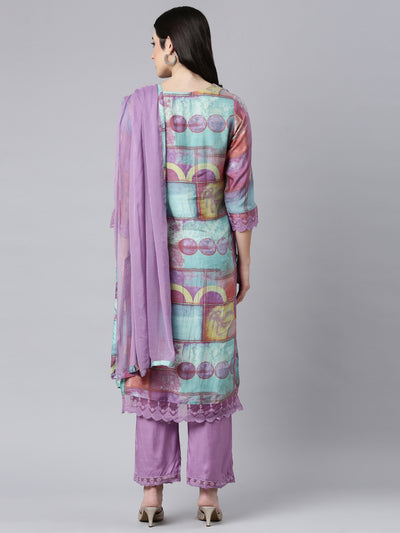 Neerus Lavender Regular Straight Geometric Kurta And Trousers With Dupatta