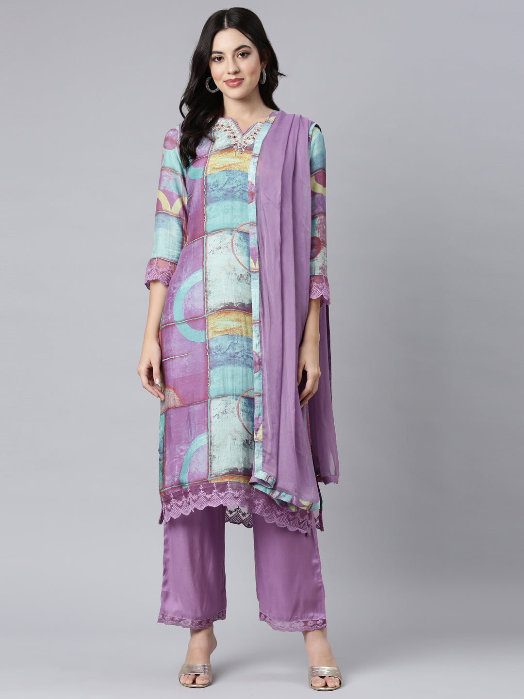 Neerus Lavender Regular Straight Geometric Kurta And Trousers With Dupatta