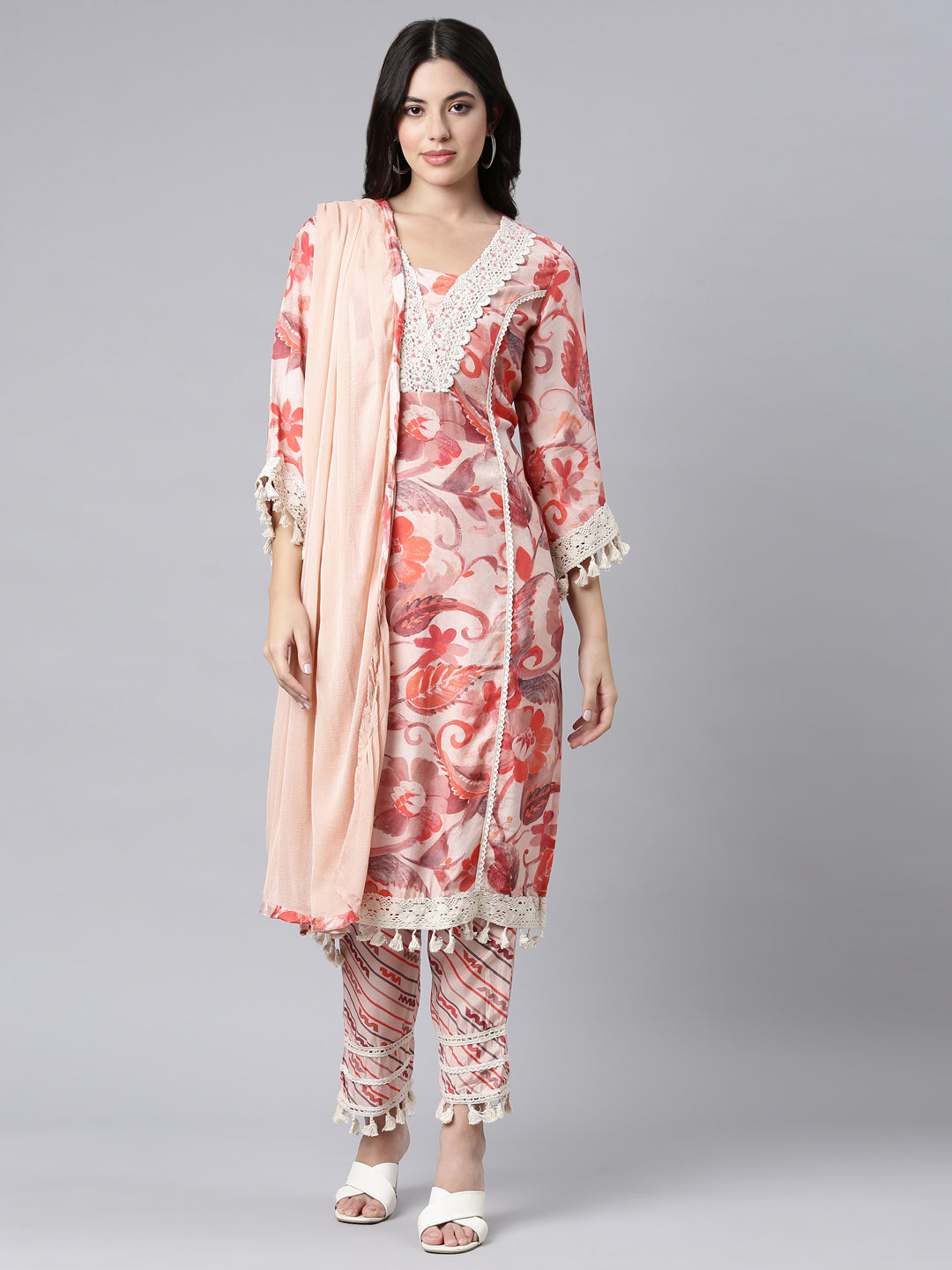 Neerus Peach Regular Straight Floral Kurta And Trousers With Dupatta