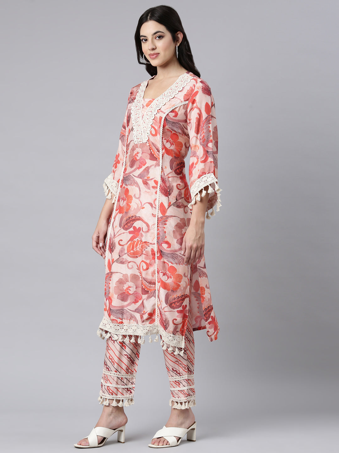 Neerus Peach Regular Straight Floral Kurta And Trousers With Dupatta