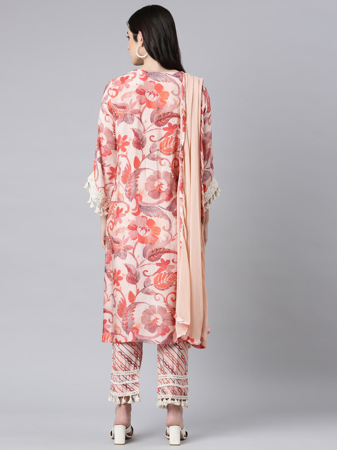 Neerus Peach Regular Straight Floral Kurta And Trousers With Dupatta