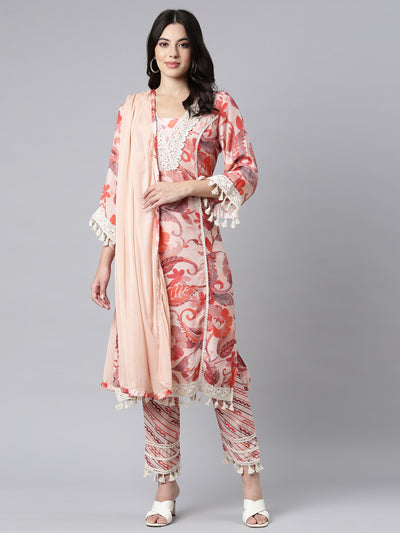 Neerus Peach Regular Straight Floral Kurta And Trousers With Dupatta