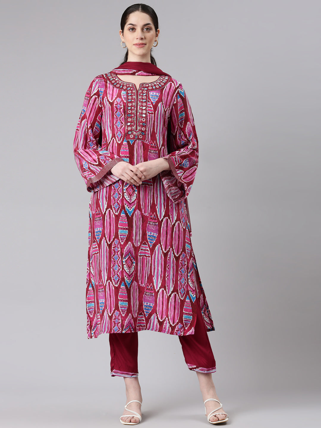 Neerus Women Magenta Straight Kurta and Trousers With Dupatta