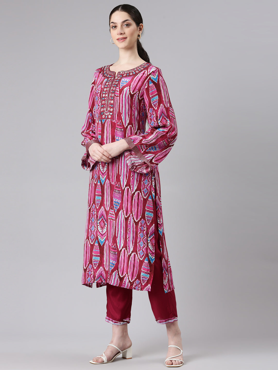 Neerus Women Magenta Straight Kurta and Trousers With Dupatta