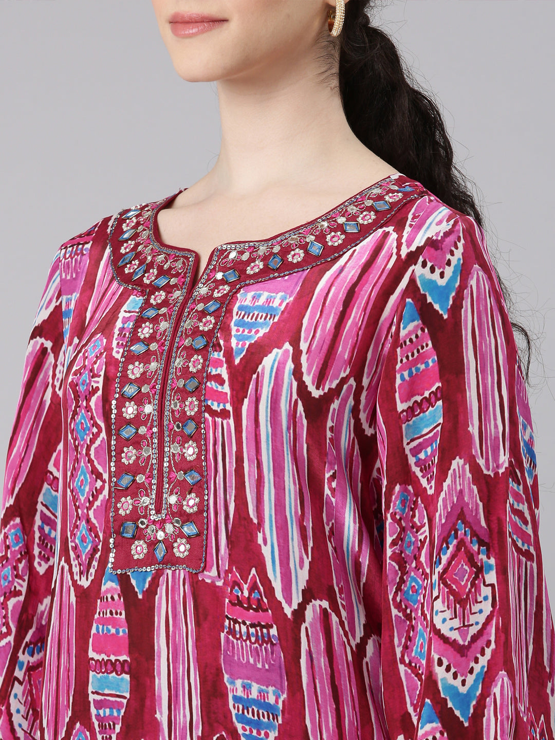 Neerus Women Magenta Straight Kurta and Trousers With Dupatta