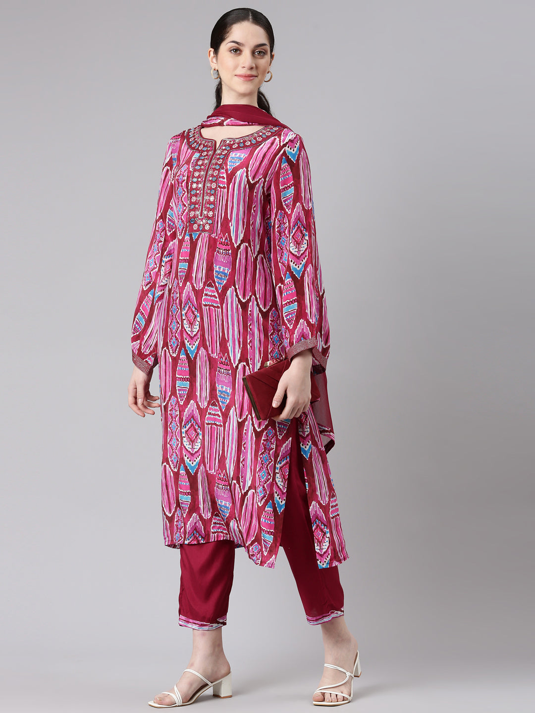 Neerus Women Magenta Straight Kurta and Trousers With Dupatta