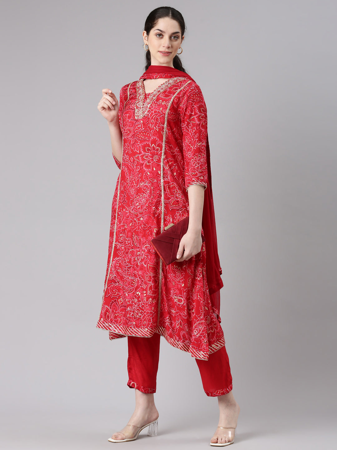 Neerus Women Red A-Line Kurta and Trousers With Dupatta