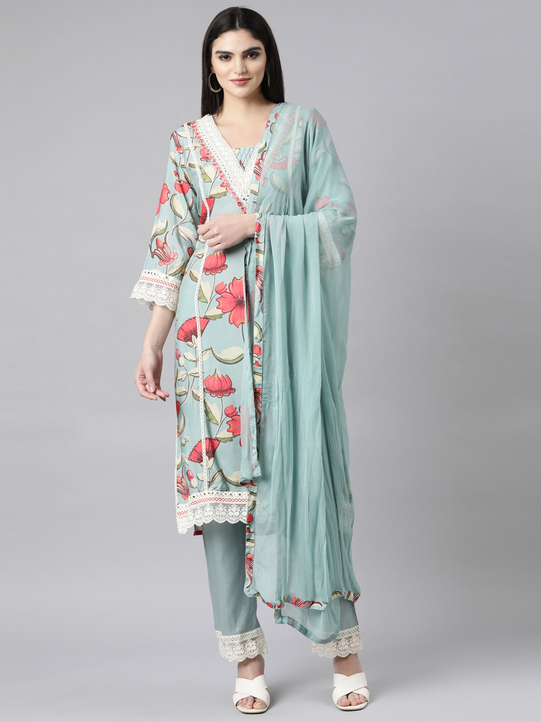 Neerus Blue Regular Straight Floral Kurta And Trousers With Dupatta