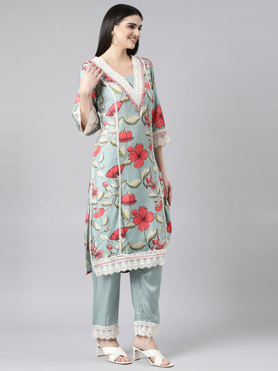 Neerus Blue Regular Straight Floral Kurta And Trousers With Dupatta