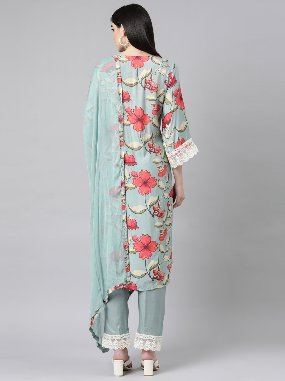 Neerus Blue Regular Straight Floral Kurta And Trousers With Dupatta