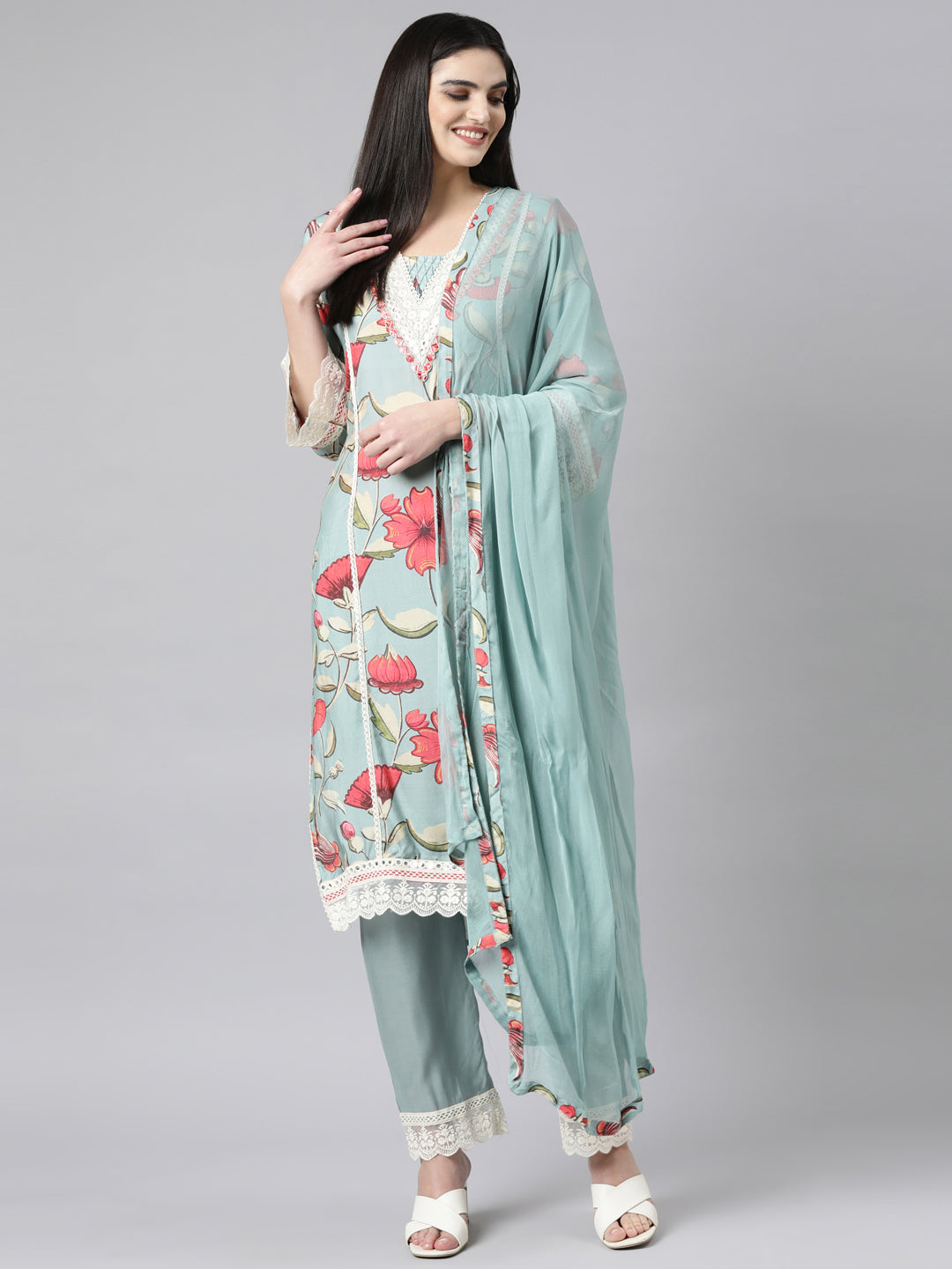 Neerus Blue Regular Straight Floral Kurta And Trousers With Dupatta