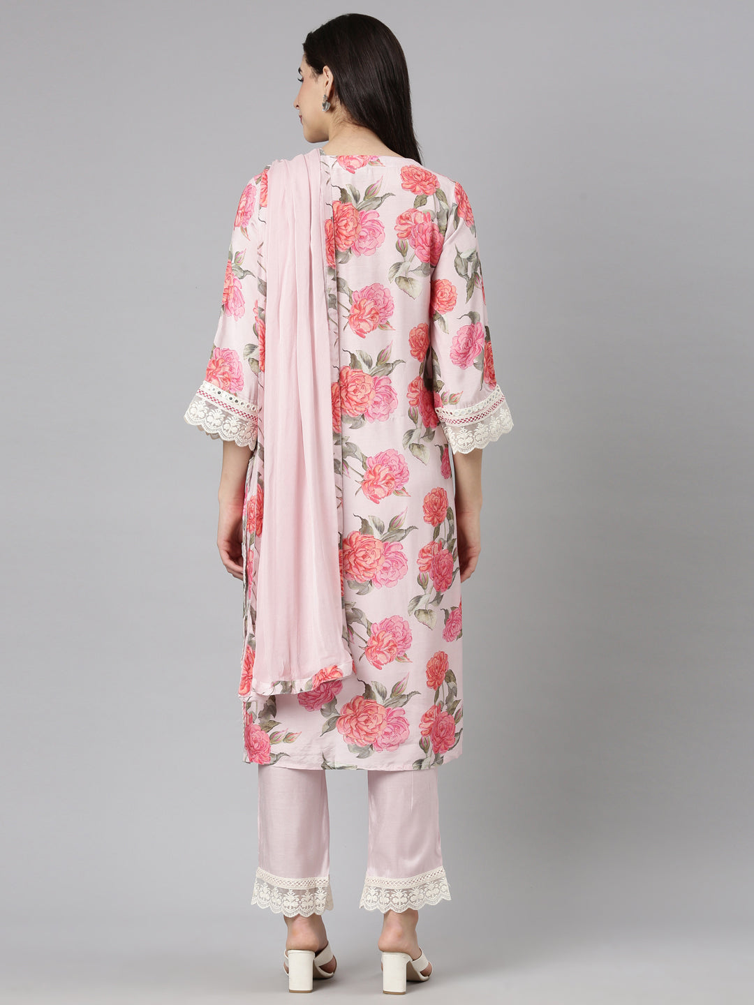 Neerus Pink Regular Scalloped Floral Kurta And  Trousers With Dupatta