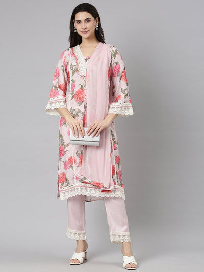 Neerus Pink Regular Scalloped Floral Kurta And  Trousers With Dupatta