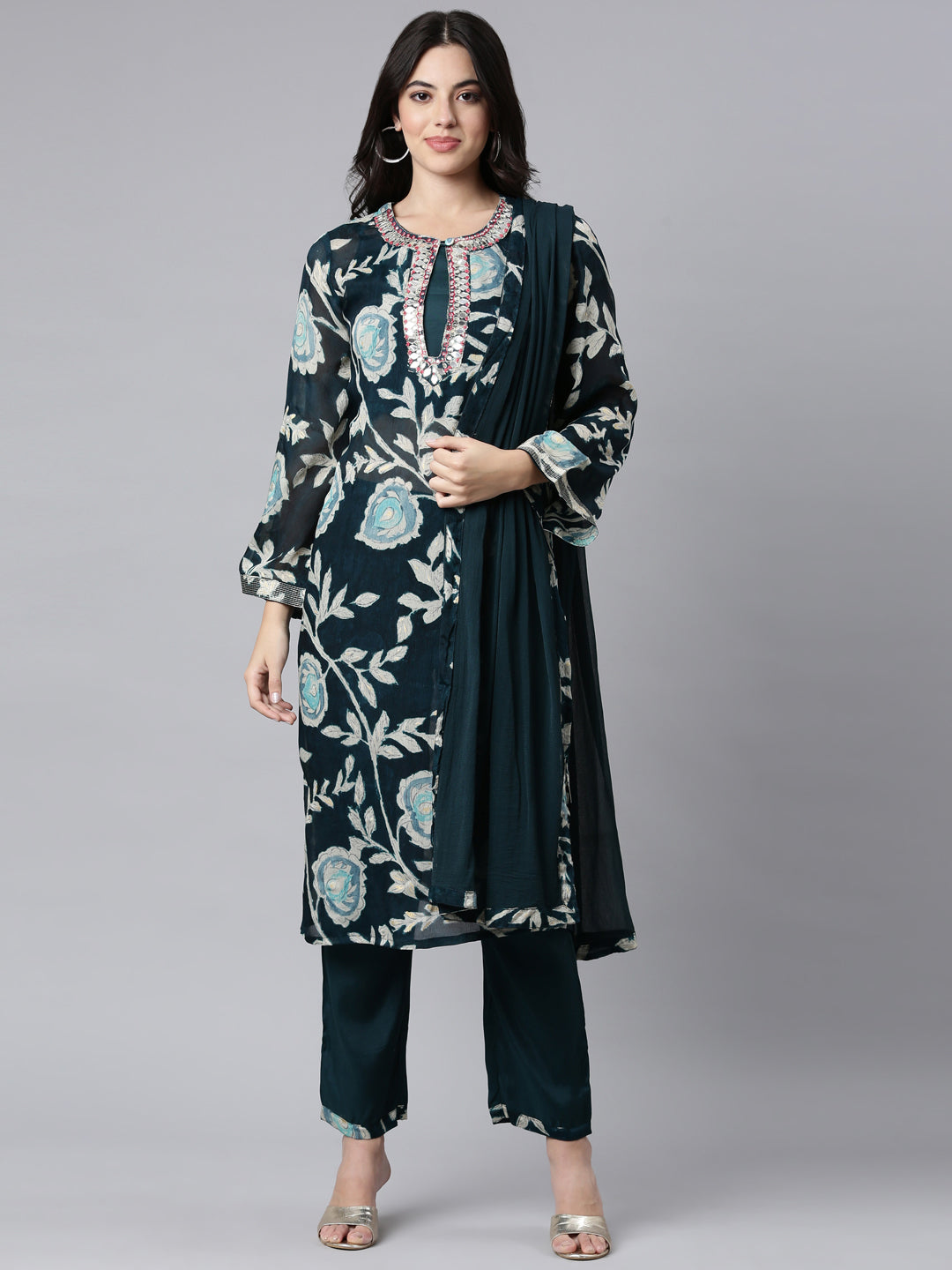 Neerus Green Regular Straight Floral Kurta And Trousers With Dupatta