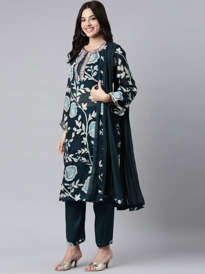 Neerus Green Regular Straight Floral Kurta And Trousers With Dupatta