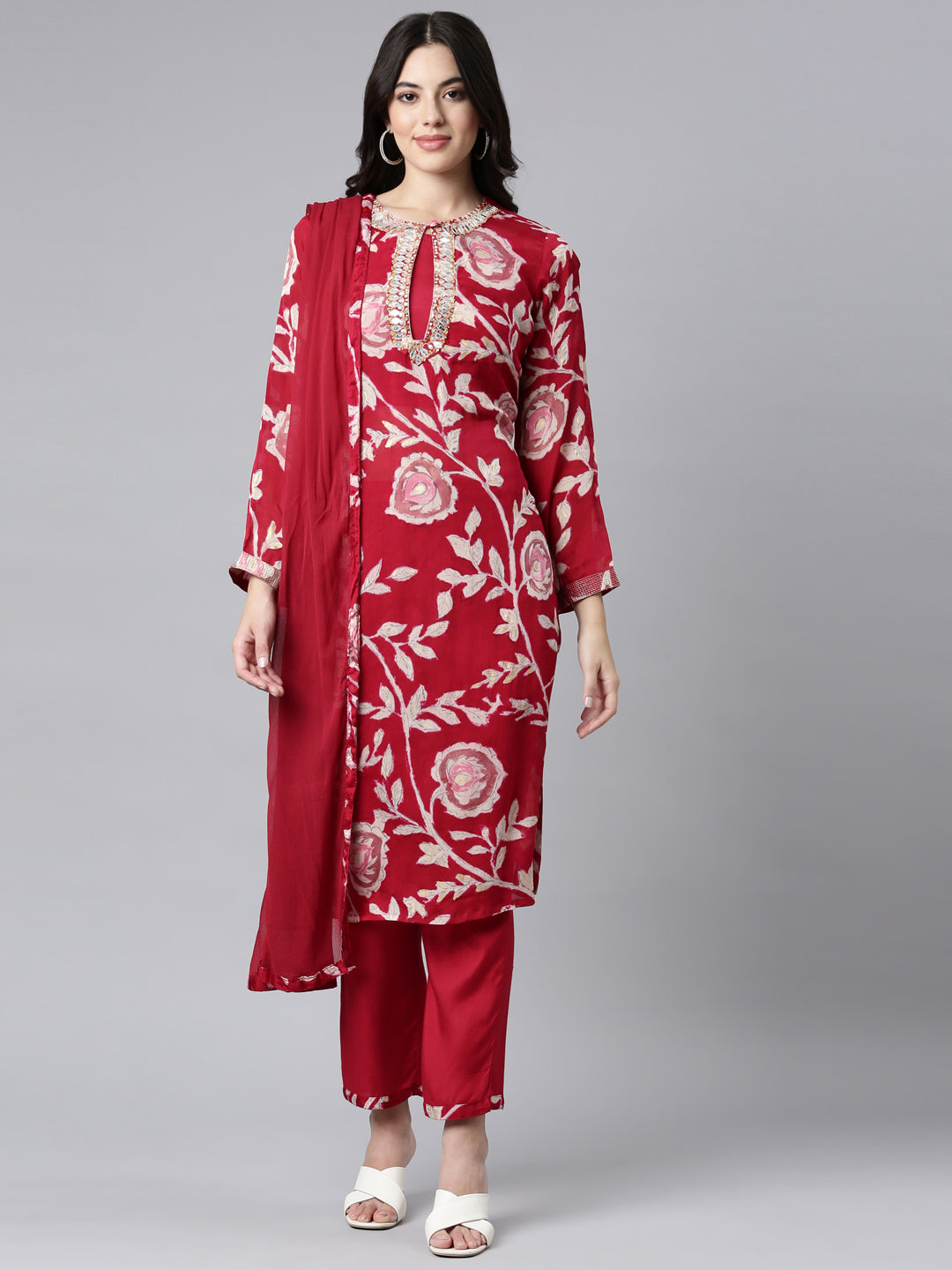 Neerus Magenta Regular Straight Floral Kurta And Trousers With Dupatta