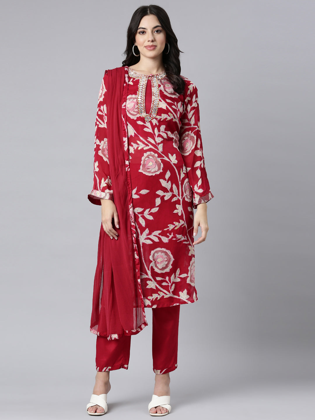 Neerus Magenta Regular Straight Floral Kurta And Trousers With Dupatta