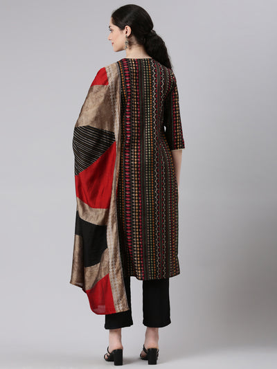 Neerus Women Black Straight Kurta and Trousers With Dupatta