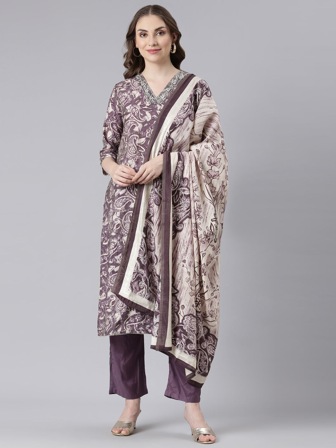 Neerus Purple Model Straight Casual Paisley Kurta and Trouser with Dupatta