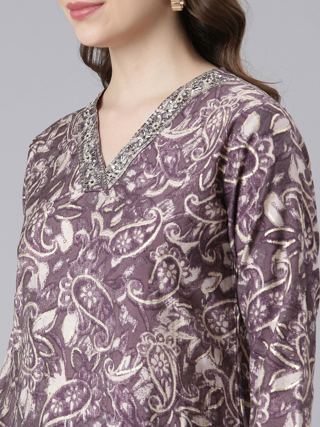 Neerus Purple Model Straight Casual Paisley Kurta and Trouser with Dupatta