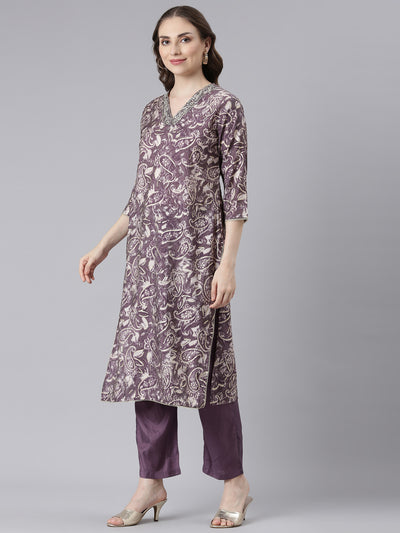 Neerus Purple Model Straight Casual Paisley Kurta and Trouser with Dupatta