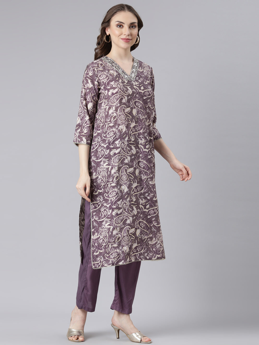 Neerus Purple Model Straight Casual Paisley Kurta and Trouser with Dupatta