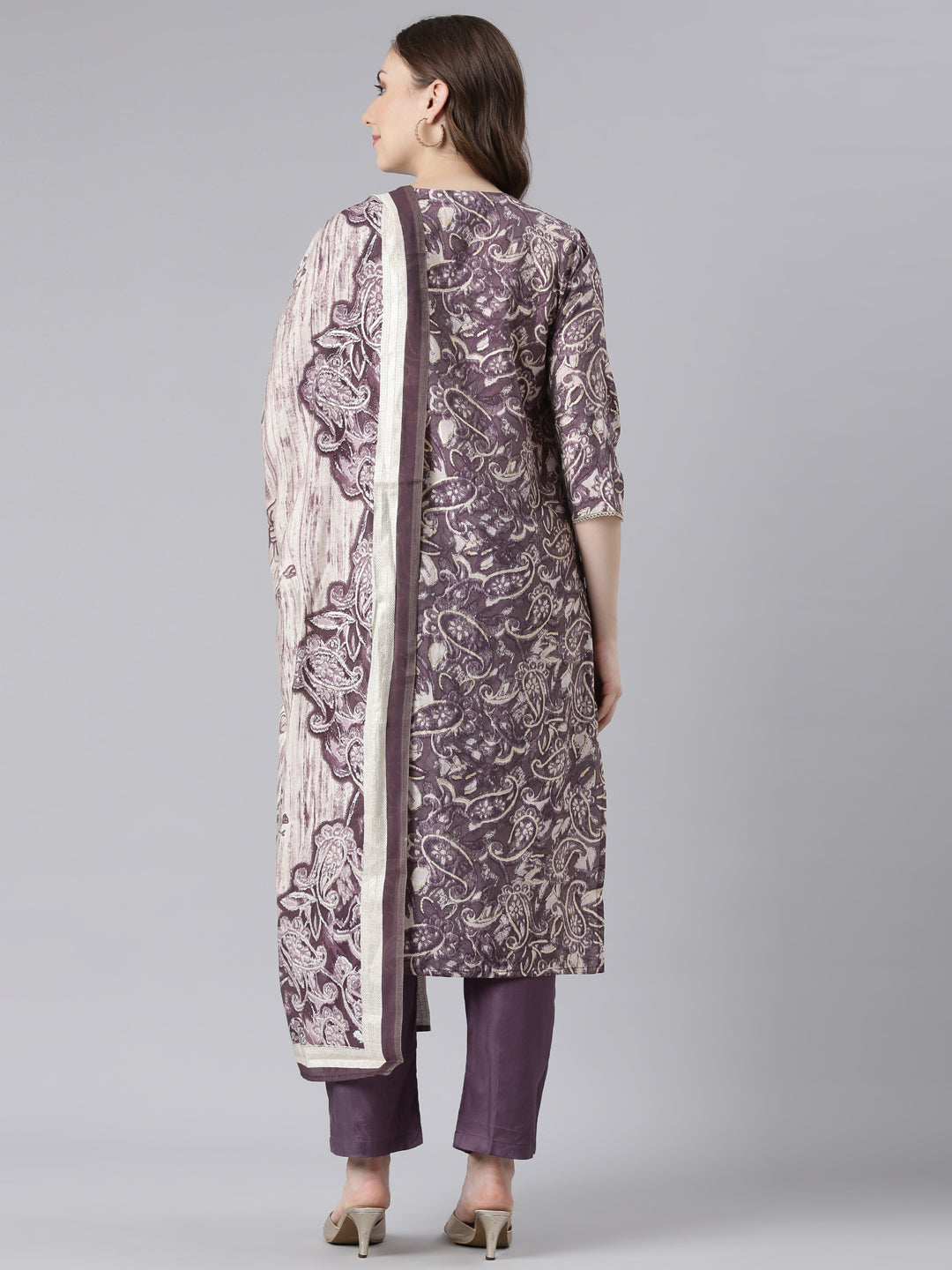 Neerus Purple Model Straight Casual Paisley Kurta and Trouser with Dupatta