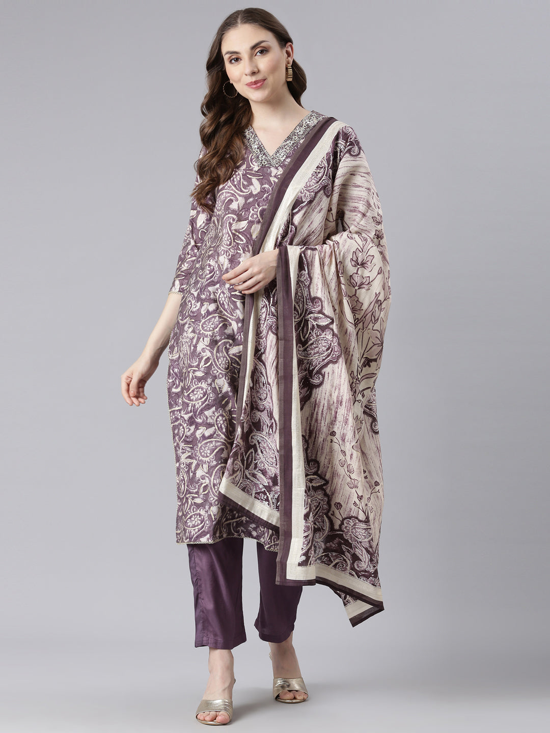 Neerus Purple Model Straight Casual Paisley Kurta and Trouser with Dupatta